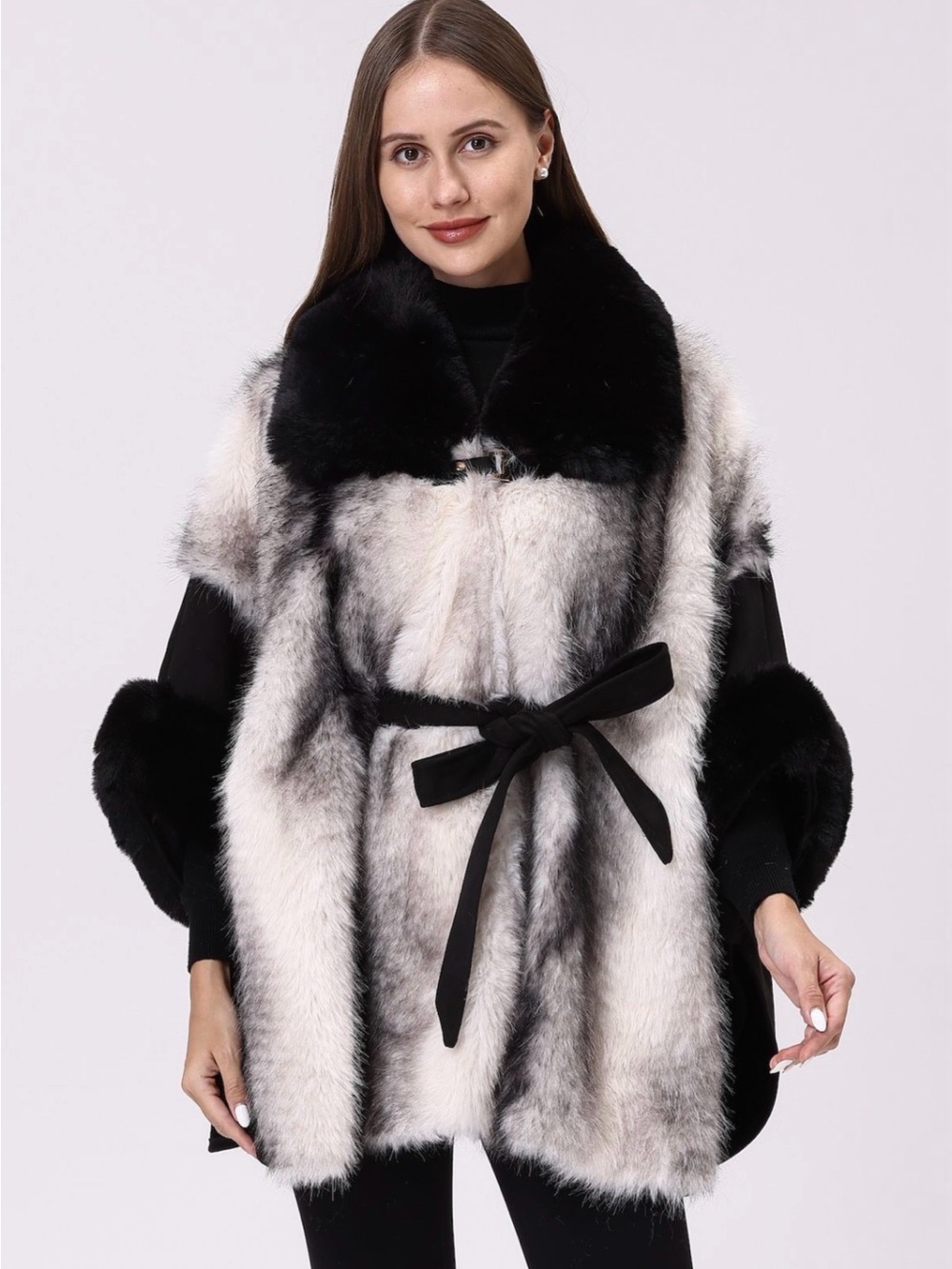 Belted Faux Fur Cape Coat in Black & White